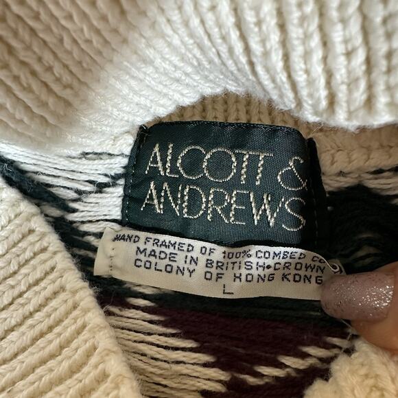 Vtg Alcott & Andrews Shawl Collar Womens L Argyle Sweater Warm 80s White Green - Picture 6 of 6